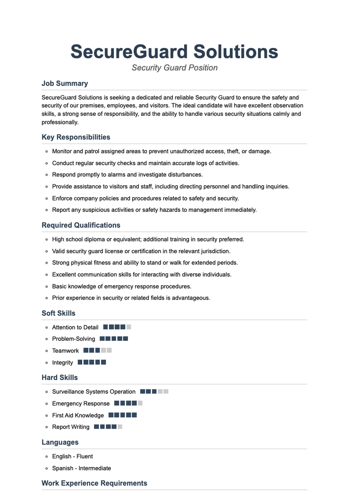 Professional security guard resume with skills bar ratings and experience highlights_variant_3